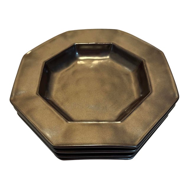 Set of 4 Juliska Stoneware Pewter 10” Octagonal Soup/Pasta Bowls For Sale