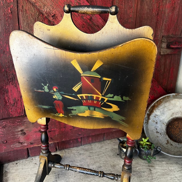 Antique Wooden Magazine Rack With Hand-Painted Dutch Scenes & Dual Compartments For Sale In Kansas City - Image 6 of 11