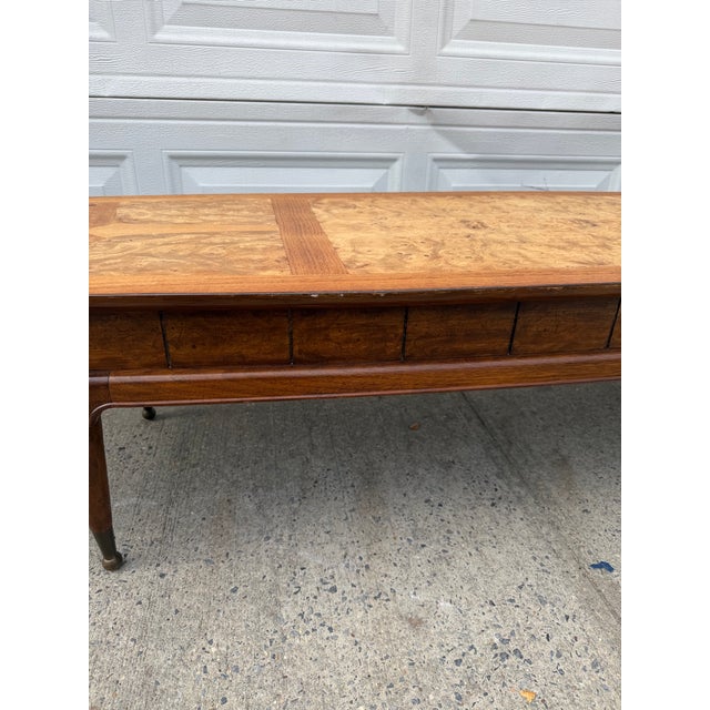 Mid 20th Century Vintage Mid-Century Modern Burl Wood Coffee Table With Inlaid Top, Tapered Legs and Brass Feet For Sale - Image 5 of 12