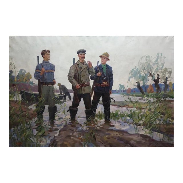 Soviet Hunters Oil Painting, Ukrainian Art, 1960s Canvas 100-150 For Sale