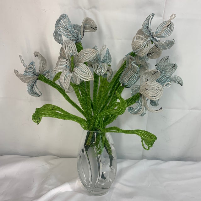 French Beaded Flowers Pale Blue and White Iris For Sale - Image 4 of 12
