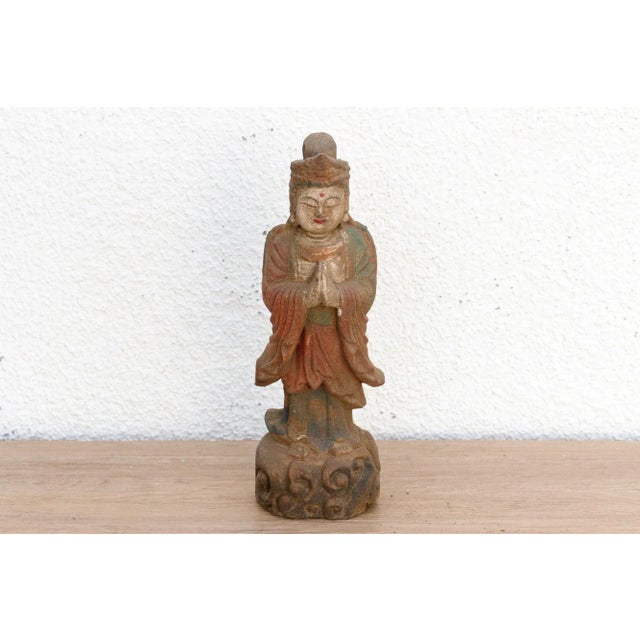 Asian Antique Small Serene Carved Praying Buddha For Sale - Image 3 of 9