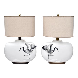 1980's Chapman Table Lamps With Oval Linen Shades For Sale