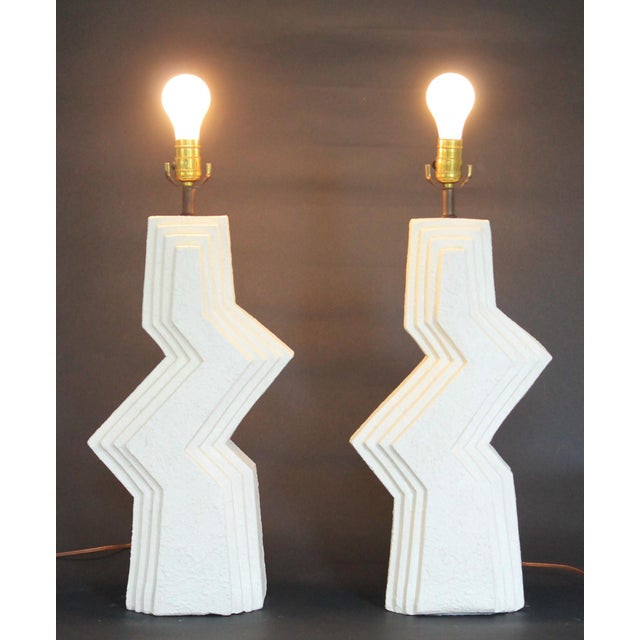 Post Modern Plaster Zig Zag Table Lamps, a Pair For Sale - Image 4 of 12