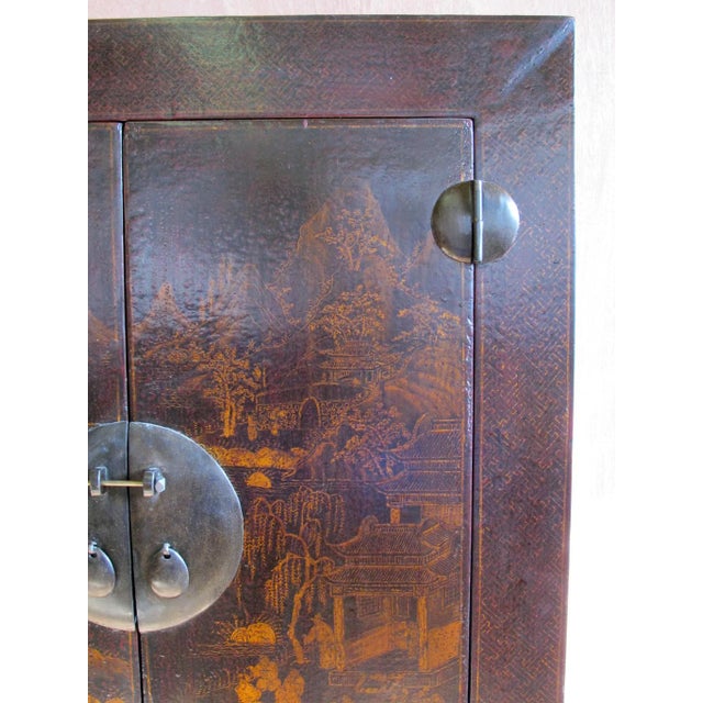 1900 - 1909 Asian Elm Cabinet With Painted Panel Doors For Sale - Image 10 of 12