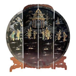 Middle Century Oriental Round Black Lacquer Room Screen For Sale