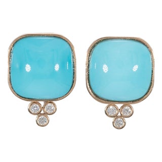 14Ct Sleeping Beauty Turquoise Stud Earrings With Natural Diamonds: 14k Gold, Pair For Sale