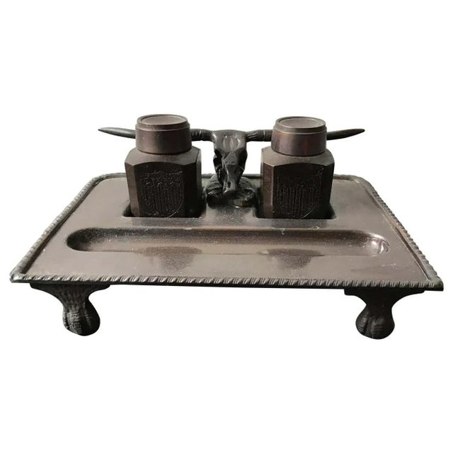 1980s Bronze Longhorn Inkwell For Sale - Image 13 of 13