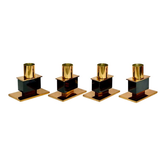 1970s Italian Modernist Brass and Black Enamel Cube Candlestick Holders – A Pair For Sale