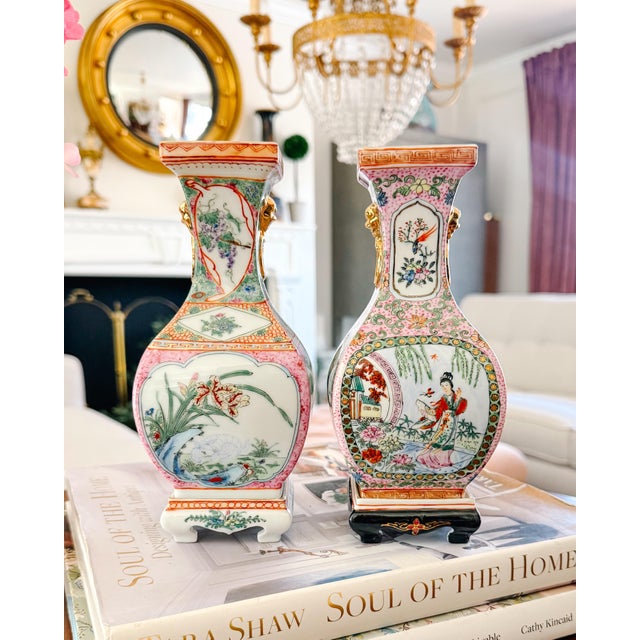 Vintage Chinese Famille Rose Petite Square Baluster Vases With Removable Stands - Pair For Sale - Image 18 of 18