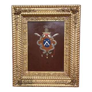 Early 19th Century French Hand Painted Crest on Metal in Carved Gilt Frame For Sale