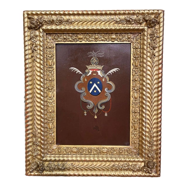Early 19th Century French Hand Painted Crest on Metal in Carved Gilt Frame For Sale
