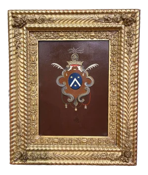 Early 19th Century French Hand Painted Crest on Metal in Carved Gilt Frame