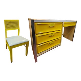 Mod Yellow Plastic and Laminate on Wood 4 Drawer Desk and Chair Set by Schoolfield Industries - 2 Piece Set For Sale