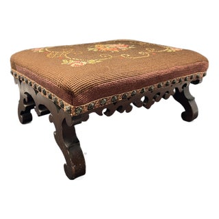 Antique Victorian Carved Walnut Needlepoint Footstool With Floral Embroidery For Sale