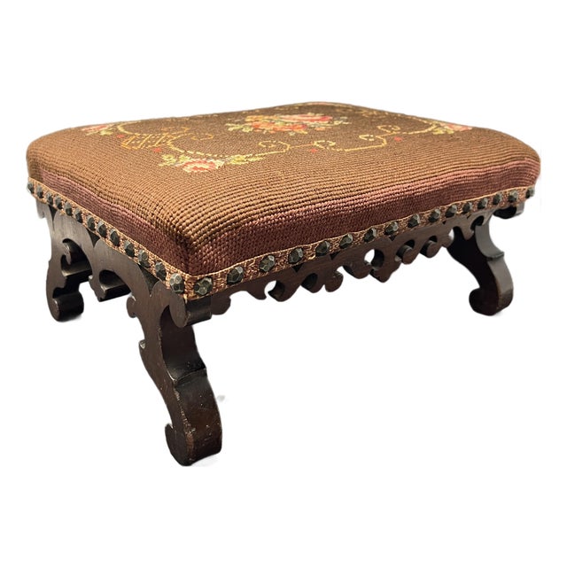 Antique Victorian Carved Walnut Needlepoint Footstool With Floral Embroidery For Sale