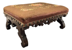 Antique Victorian Carved Walnut Needlepoint Footstool With Floral Embroidery