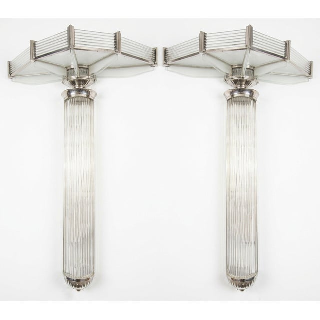 Enormous, important pair of French Art Deco palatial T-shaped Petitot sconces, monumental in scale, these extraordinary...