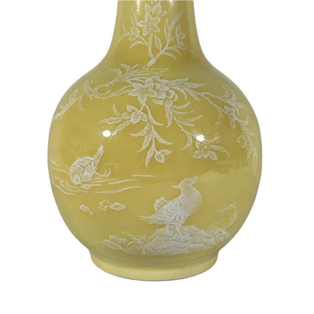 Yellow Vintage Lemon Yellow Monochrome Fine Porcelain Chinese Vase With Hand Painted White Pate Scenic Relief For Sale - Image 8 of 10