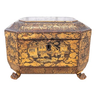 English Chinoiserie Tea Caddy With Dual Interior Canisters, 19th Century For Sale