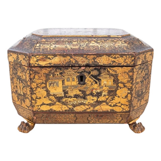 English Chinoiserie Tea Caddy With Dual Interior Canisters, 19th Century For Sale