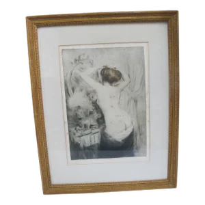 Manuel Robbe Signed Nu Se Coifant Woman Doing Hair Drypoint Etching Print