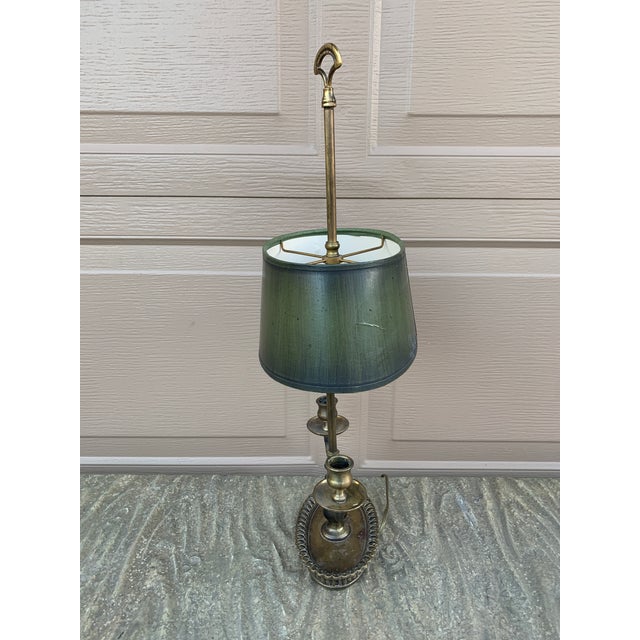 Metal Mid-20th Century French Provincial Brass Bouillotte Lamp With Green Shade For Sale - Image 7 of 10