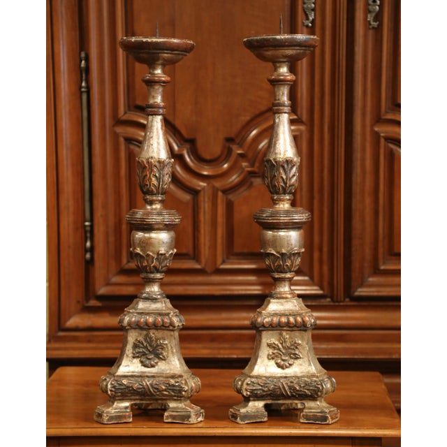 Wood Pair of 19th Century Italian Carved Silver Leaf Pricket Candlesticks For Sale - Image 7 of 11