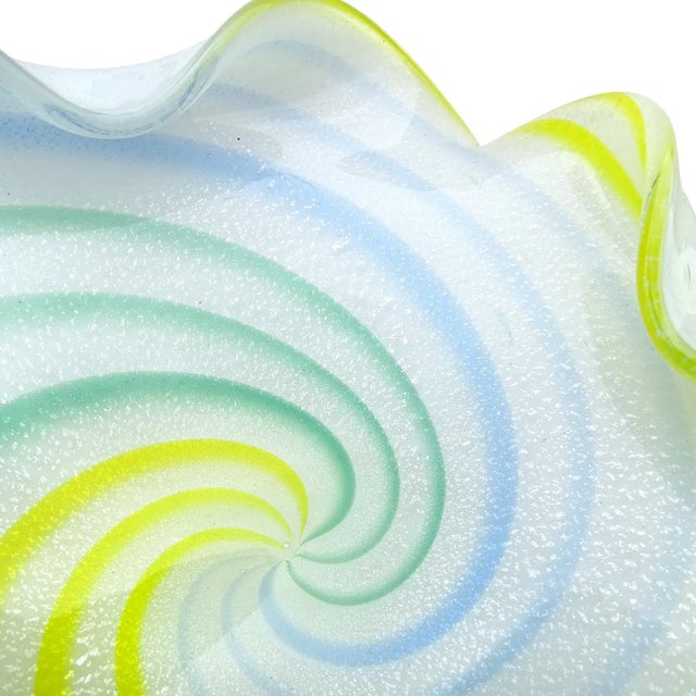 Abstract Murano Vintage Green Yellow Blue White Silver Flecks Italian Mid Century Art Glass Centerpiece Bowl For Sale - Image 3 of 6