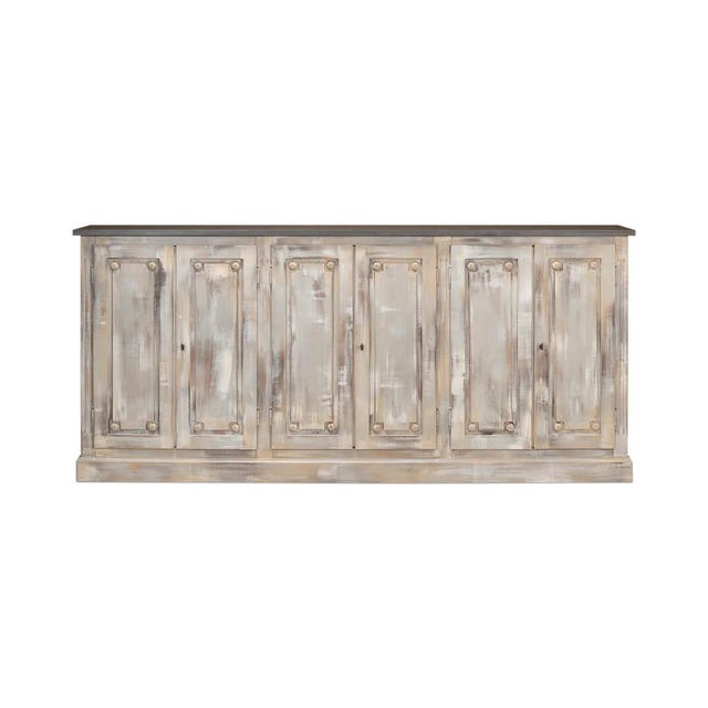 With six paneled cupboard doors, each adorned with carved floral rosettes, raised on a simple square plinth base. This...