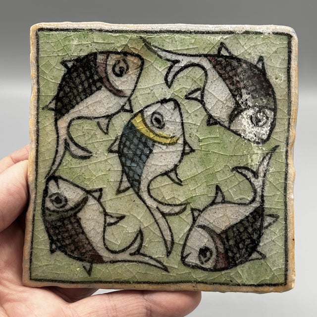 Blue Vintage Persian Swimming Fish Tiles 4" X 4" - Set of 3 For Sale - Image 8 of 10