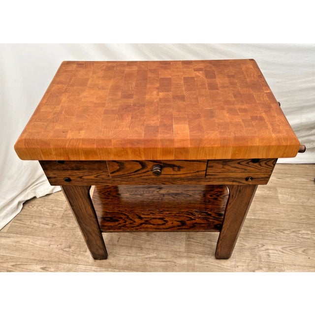 1980s Vintage Butcher Block Carving Table Oak Base With Drawer Shelf End Cut Maple Top For Sale - Image 5 of 15