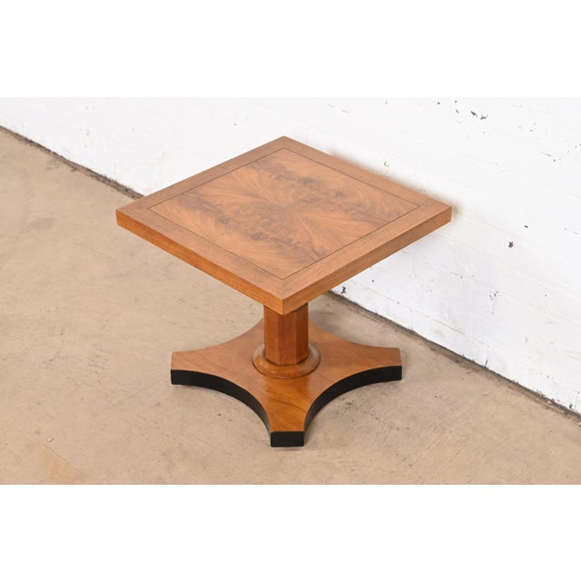 Neoclassical Baker Furniture Neoclassical Burled Walnut Pedestal Tea Table For Sale - Image 3 of 11