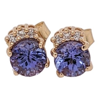 1ct Tanzanite Earring Studs With Natural Diamond Accents in Solid 14k Gold, 5mm, A Pair For Sale