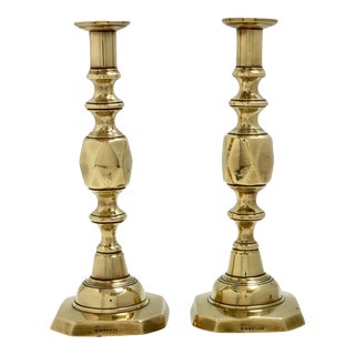 Antique English Brass "Queen of Diamonds" Brass Candlesticks, a Pair For Sale
