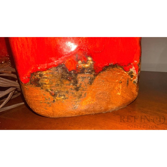 Pair of Mid-Century Modern Lava Glaze Ceramic Table Lamps Attributed to Poole Pottery, Walnut Necks, 26” H, Circa 1960s–1970s For Sale - Image 13 of 16