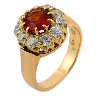 19th Century Victorian Mandarin Garnet 18k Yellow Gold Cluster Ring, Size 6.25 For Sale