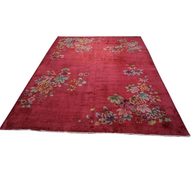 Chinese - Art Deco Rug 9' x 11' Antique Chinese - Art Deco Red 1930s Rug, Circa Date: 1930s. This exceptional piece...