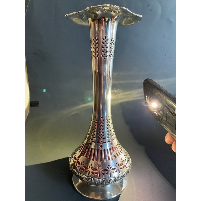 Antique Howard & Co. New York Sterling Silver Pierced Floral Vase With Original Red Glass Liner For Sale - Image 6 of 8