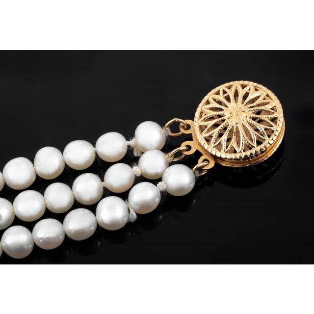 Late 20th Century 14k Gold Triple Strand Pearl Bracelet For Sale - Image 5 of 7