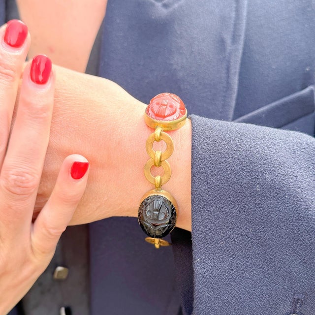 Antique Egyptian Revival Glass Scarab Bracelet, 1920s For Sale - Image 3 of 11