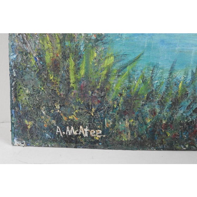 Vintage mid 20th century impasto oil on masonite mounting lake landscape painting. Signed A. McAtee lower left corner,...