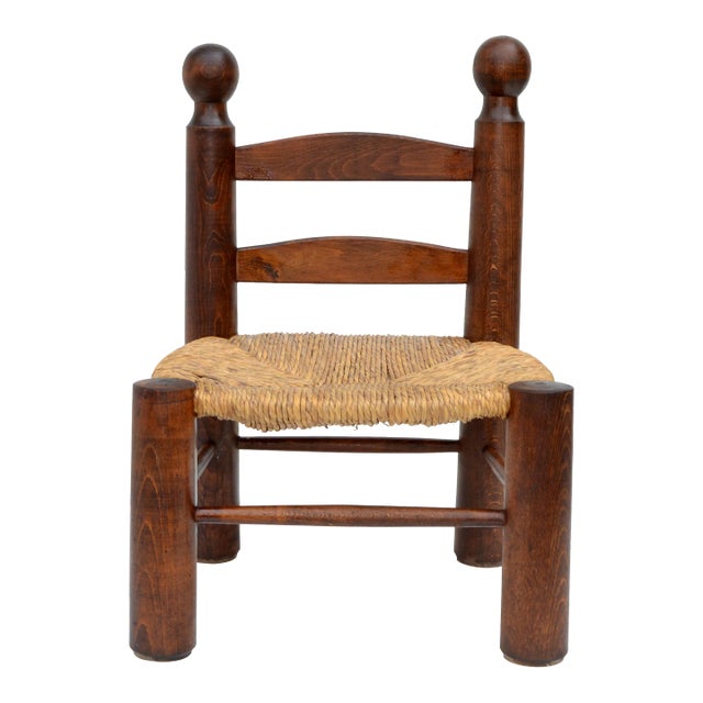 Charlotte Perriand Style Turned Wood Kid's Chair Woven Rush Seat France 1960 For Sale