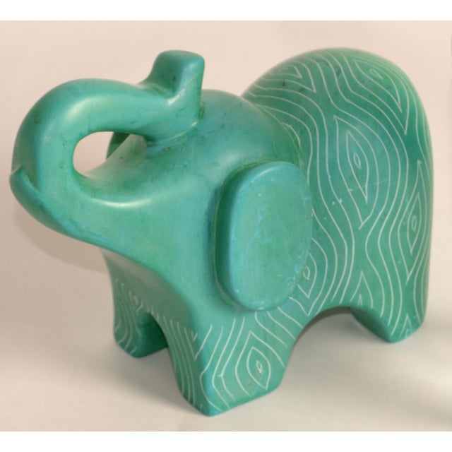 Vintage African Folk Art Carved Soapstone Ocean Green Elephant Figurine Animal For Sale - Image 13 of 13