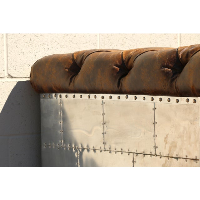 2000 - 2009 Industrial Aviator Chesterfield Sofa in Distressed Brown Leather & Riveted Aluminum Panels For Sale - Image 5 of 18