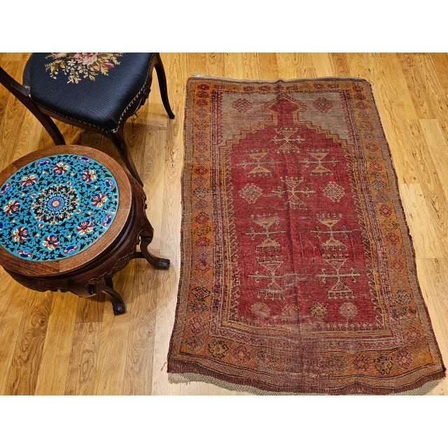 Early 20th Century Vintage Turkish Anatolian Prayer Rug, Handwoven Wool, Early 1900s, Red, 4' x 6' For Sale - Image 5 of 13