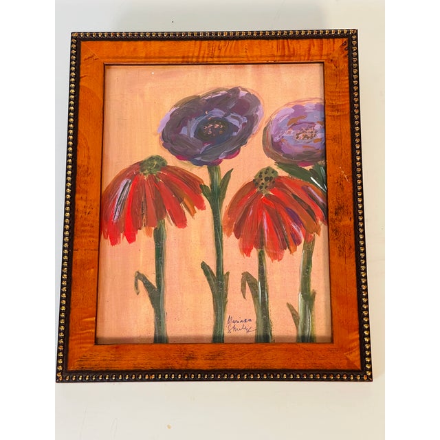 Beautiful color combination abstract botanical floral Echinaceas acrylic on paper painting in profiled frame, signed by...