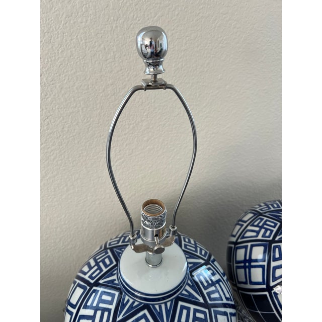Navy Blue Vintage Aalia Navy Blue and White Geometric Porcelain Ginger Jar Table Lamps - a Pair For Sale - Image 8 of 18