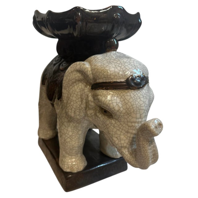 Vintage Glazed Ceramic Elephant Plant Stand With Decorative Bowl For Sale - Image 10 of 12