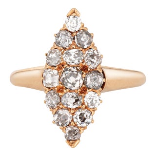 Antique Victorian Navette Ring 1ct Diamonds 14k Yellow Gold Sz 8.5 Fine Jewelry For Sale